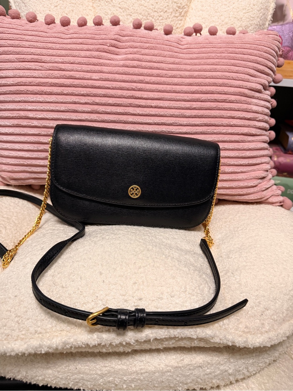 Tory Burch Black Leather Crossbody with Gold-Tone Logo